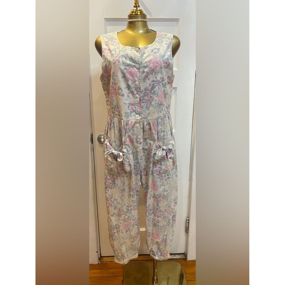 Vintage 80s Laura Ashley Floral Cotton Jumpsuit Cottagecore Tie Pockets Rare